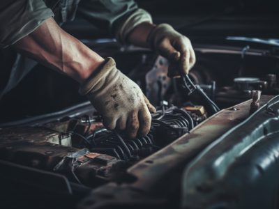 Mechanic repairing car engine with wrench tool generated by artificial intelligence